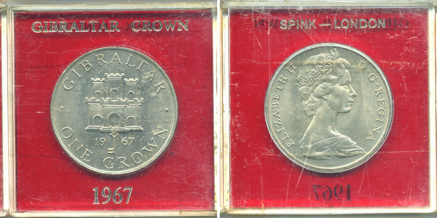 Гибралтар 1 крона 1967 Елизавета II (1952-2022), старый замок, в оригинальной пластиковой коробке, первый год чекана KM 4 медно-никель UNC 6-6-1-8