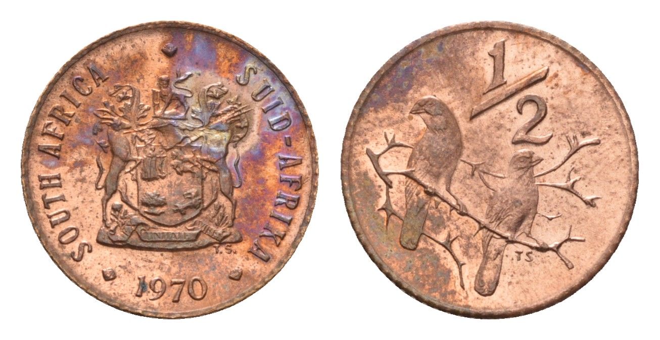 ЮАР 1/2 цента 1970 два капских воробья на ветке KM 81 бронза UNC 100-824