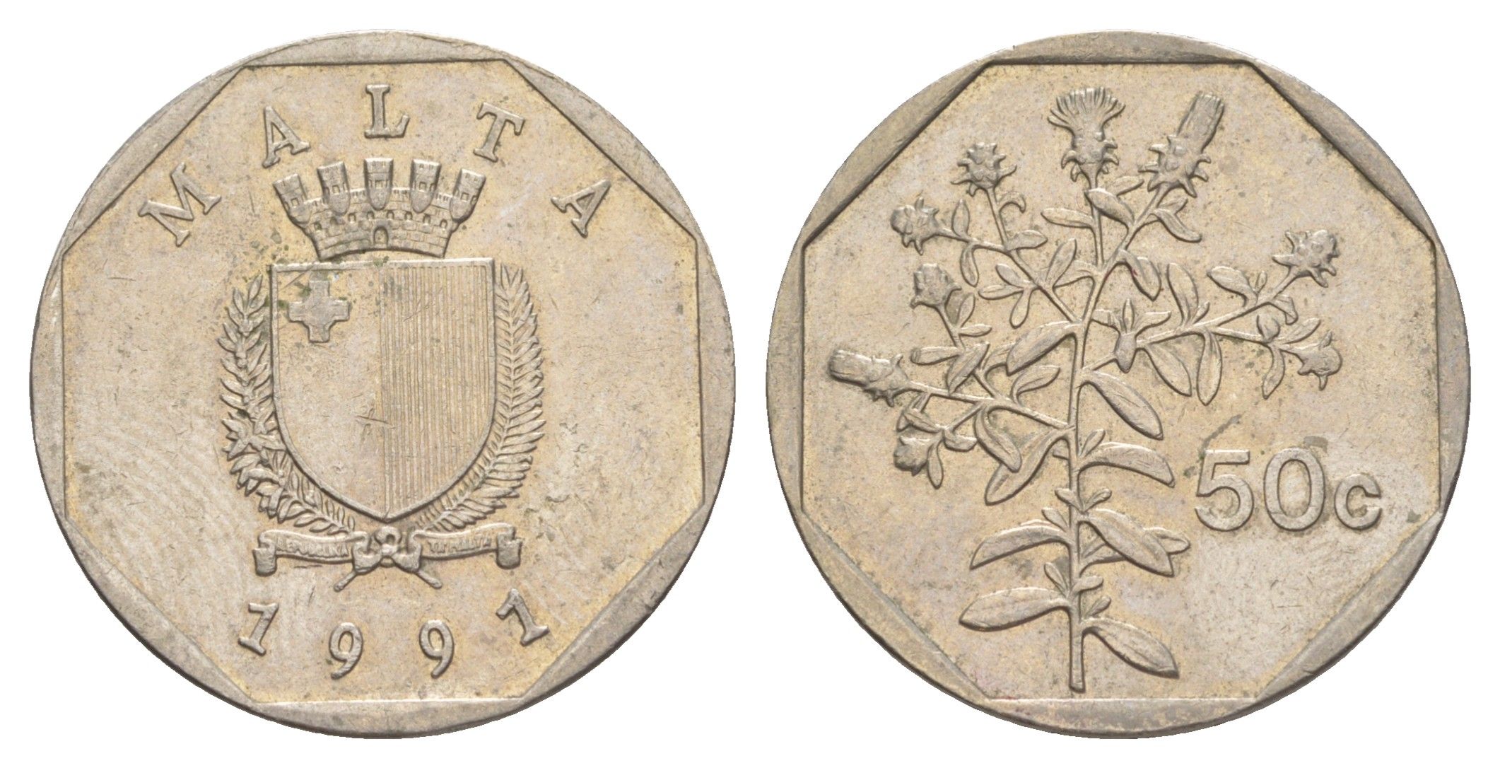 Мальта 50 центов 1991 девясил KM 98 медно-никель 4646-1225