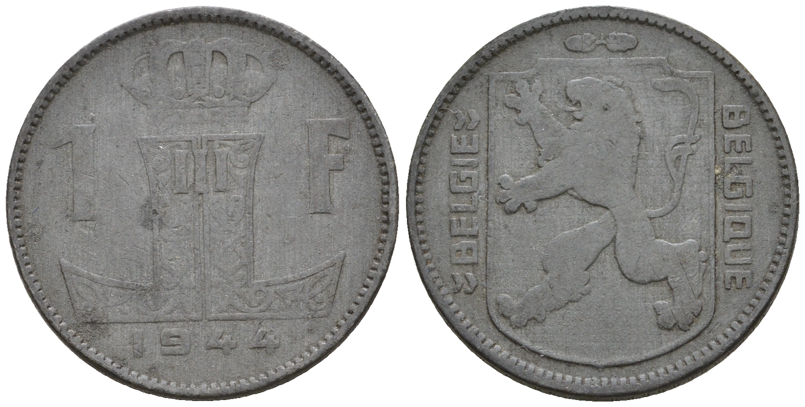Бельгия 1 франк 1944 Belgie - Belgique, немецкая оккупация KM 128 цинк 259-1034