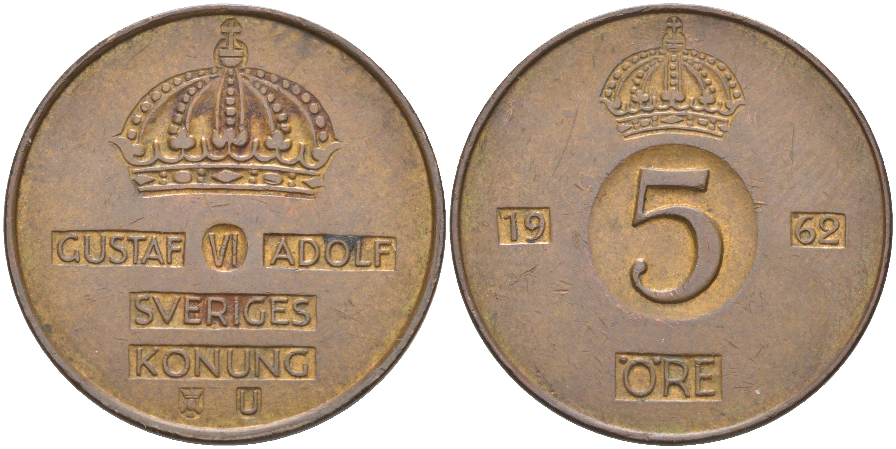 Швеция 5 эре 1962 U, Густав VI Адольф (1950-1973) KM 822 бронза 98-423