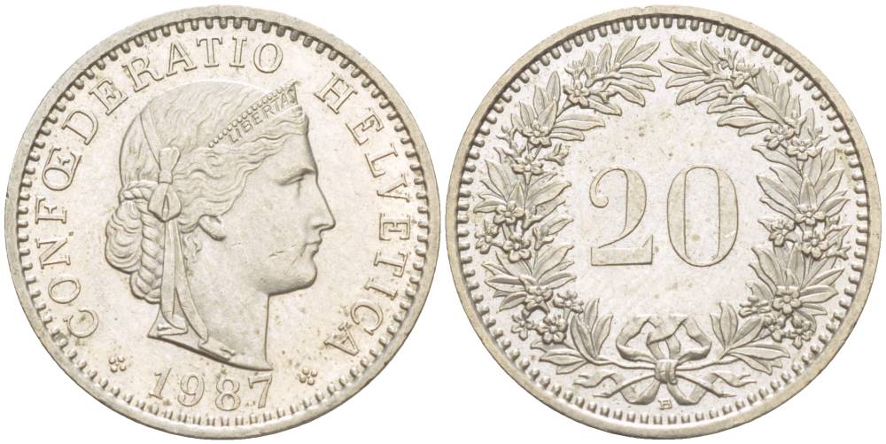ШВЕЙЦАРИЯ 20 РАППЕНОВ 1987 В KM 29а медно-никель 4544-341