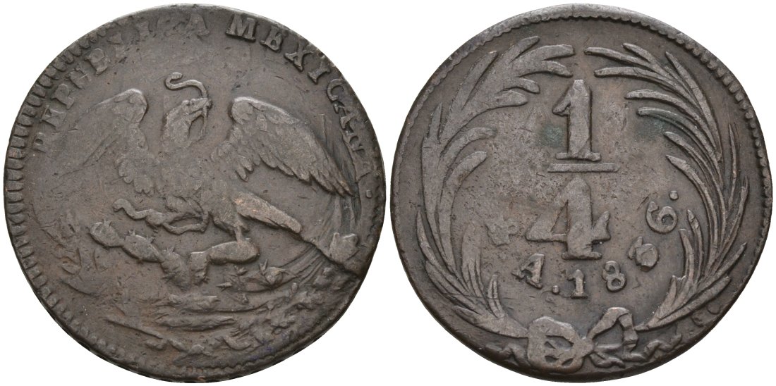 Мексика 1/4 реала 1836 Республика KM 358 медь 190-923