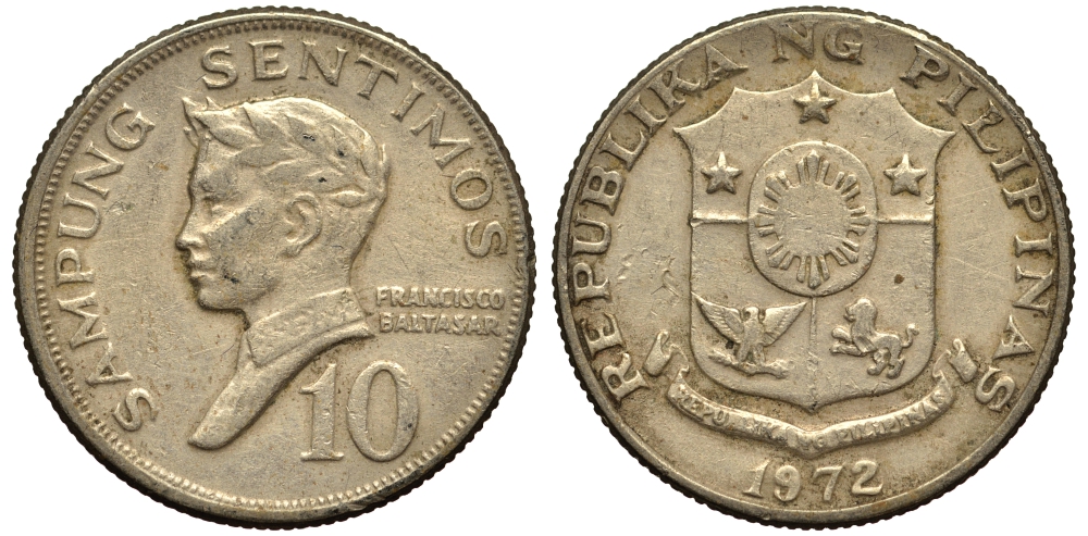 ФИЛИППИНЫ 10 СЕНТИМО 1972 ПОЭТ ФРАНСИСКО БАЛЬТАСАР KM 198 медь цинк никель VG 4181-243