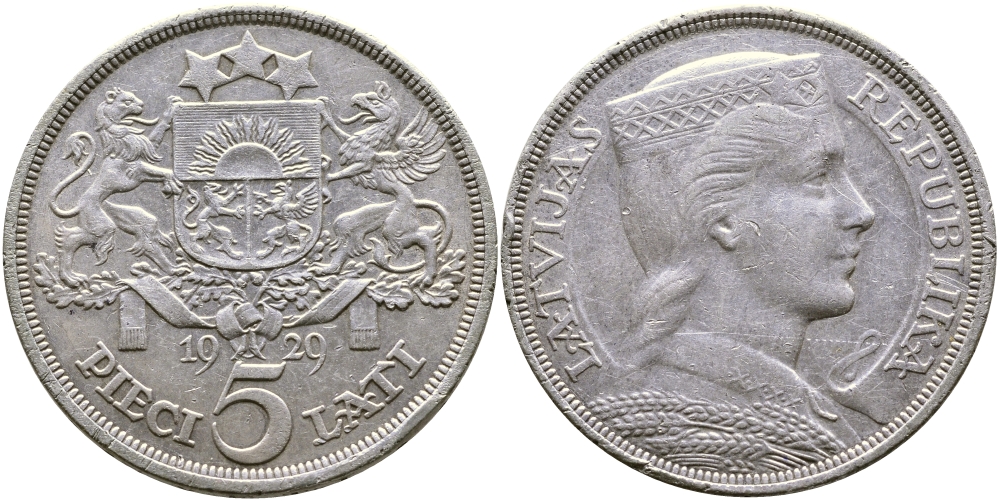 Латвия 5 латов 1929 девушка KM 9 серебро 1066-6-12