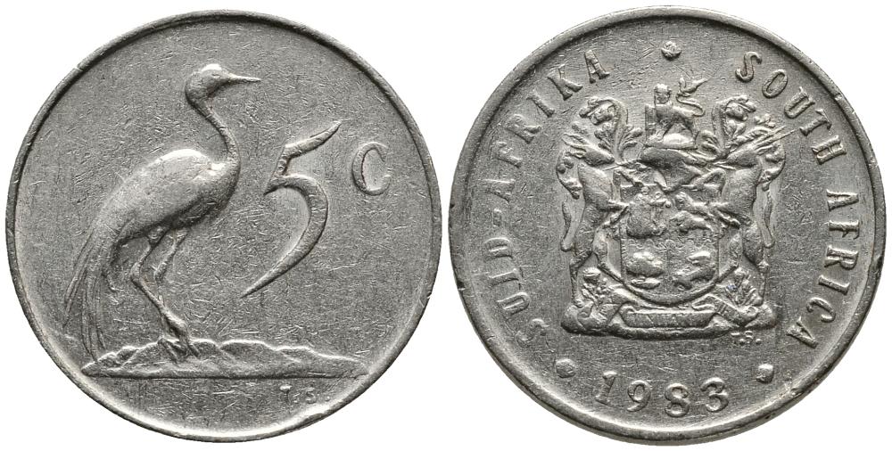ЮАР 5 центов 1983 герб, райский журавль KM 84 никель 4549-454