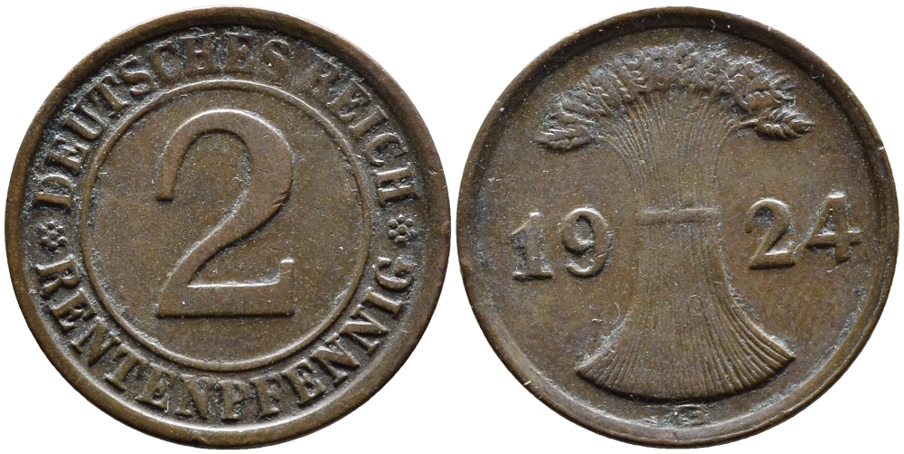 ГЕРМАНИЯ 2 РЕНТЕНПФЕННИГА 1924 G KM 31, J.307 бронза 4387-1136