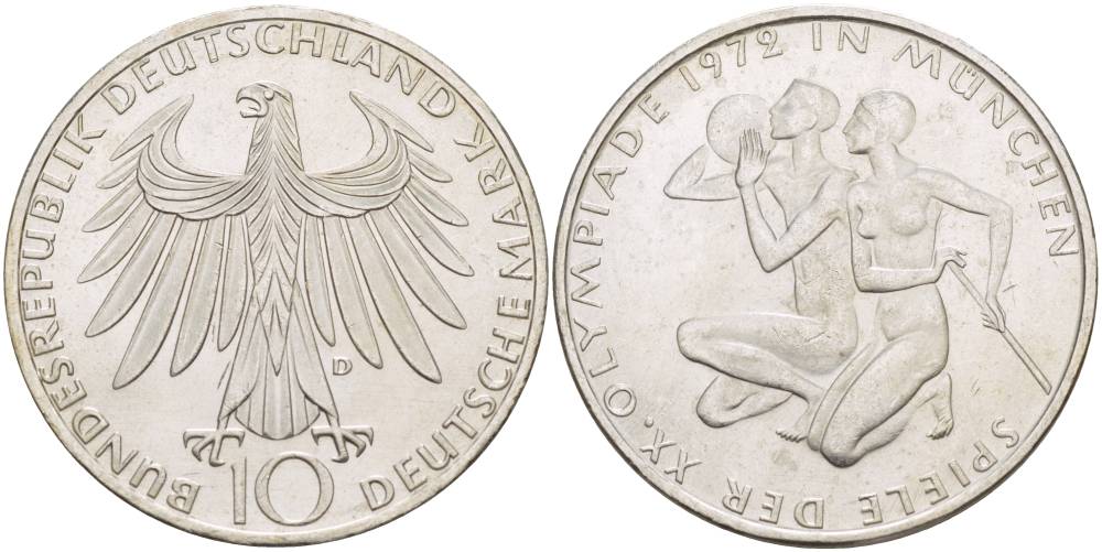 ФРГ 10 марок 1972 D, XX летние Олимпийские Игры, Мюнхен 1972, спортсмены KM 132, J.403 серебро 4542-642