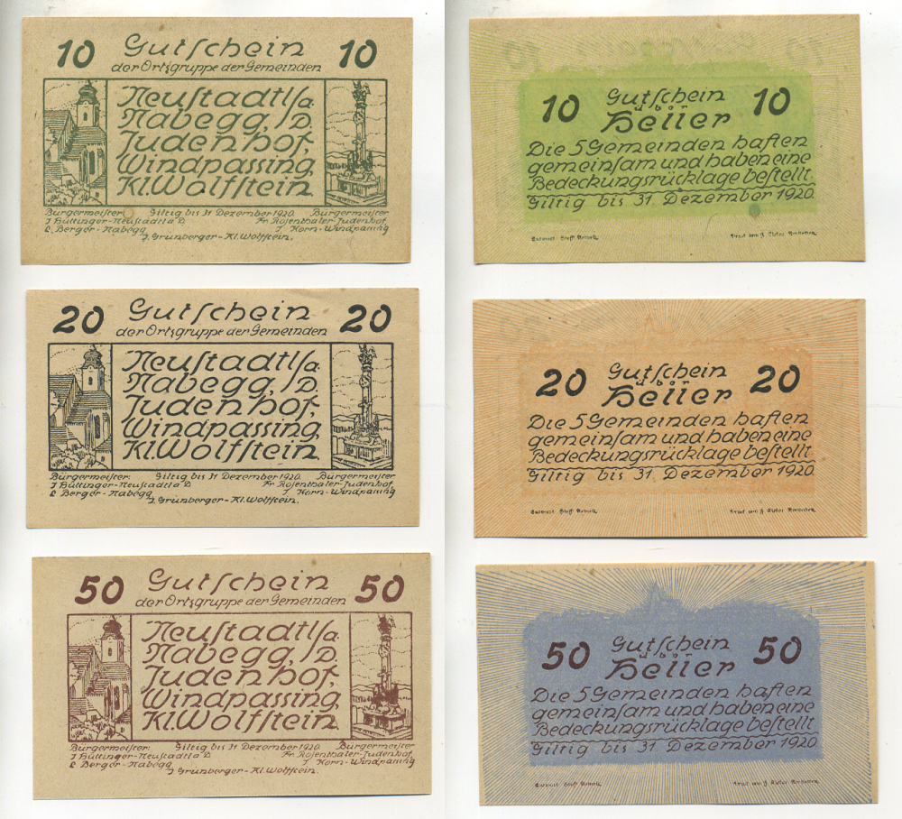 Австрия, Набегг набор из 3 банкнот 1920 до 31 декабря 1920, нотгельд, 10, 20, 50 геллеров, Neustadtl a. Nabegg, Judenhof, Windpassing, Klein Wolfstein   бумага  aUNC  7555-10-2-2