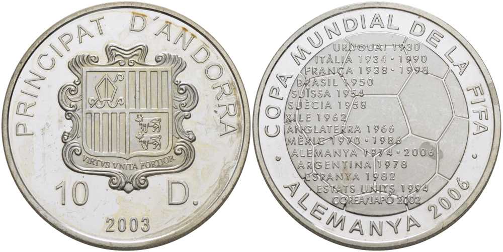 Андорра 10 динеров 2003 чемпионат мира по футболу в Германии 2006 года KM 289 серебро PROOF 02-109-12