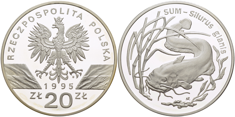 Польша 20 злотых 1995 MW, серия охрана окружающей среды, сом, тираж 20000 экз KM 290 серебро PROOF 1080-10-41