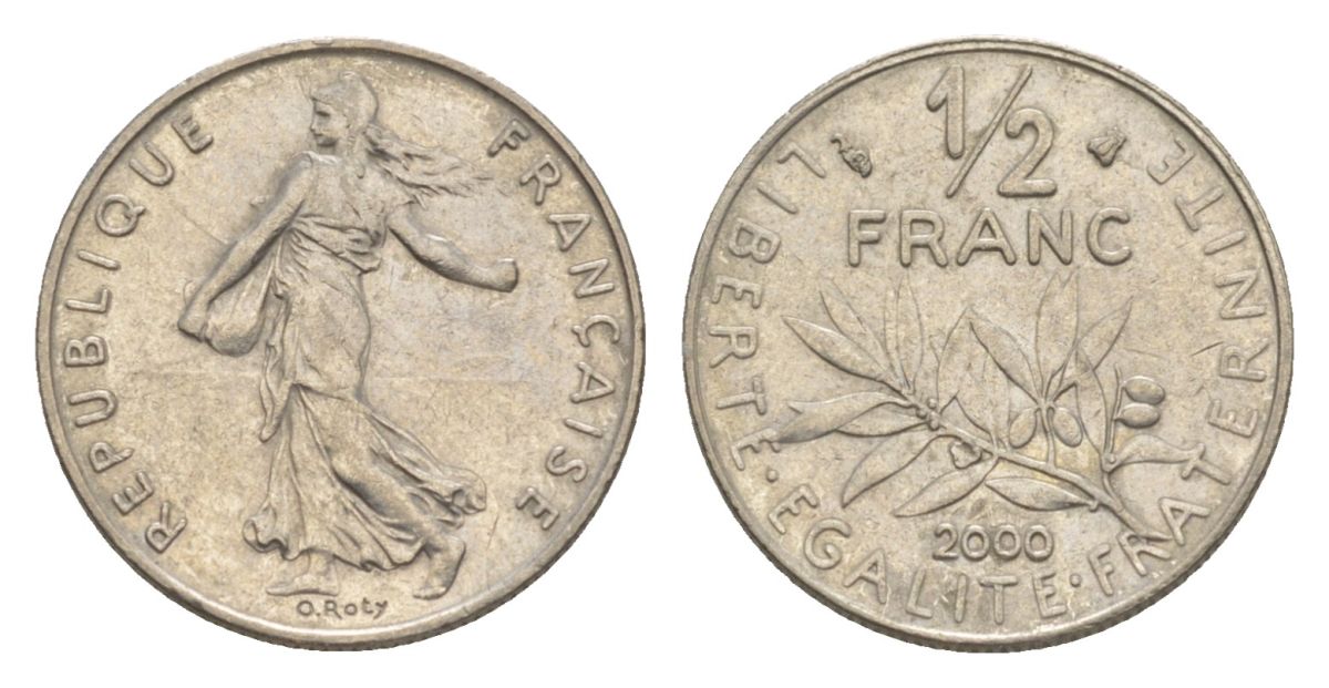 Франция 1/2 франка 2000 сеятель KM 931.1, Le Franc 198.43 никель UNC 4630-423