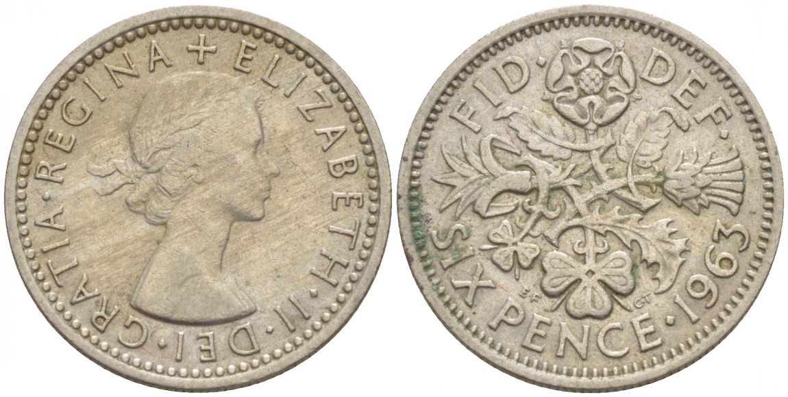 Великобритания 6 пенсов 1963 Елизавета II (1952-2022) KM 903, Spink 4149 медно-никель 4392-627