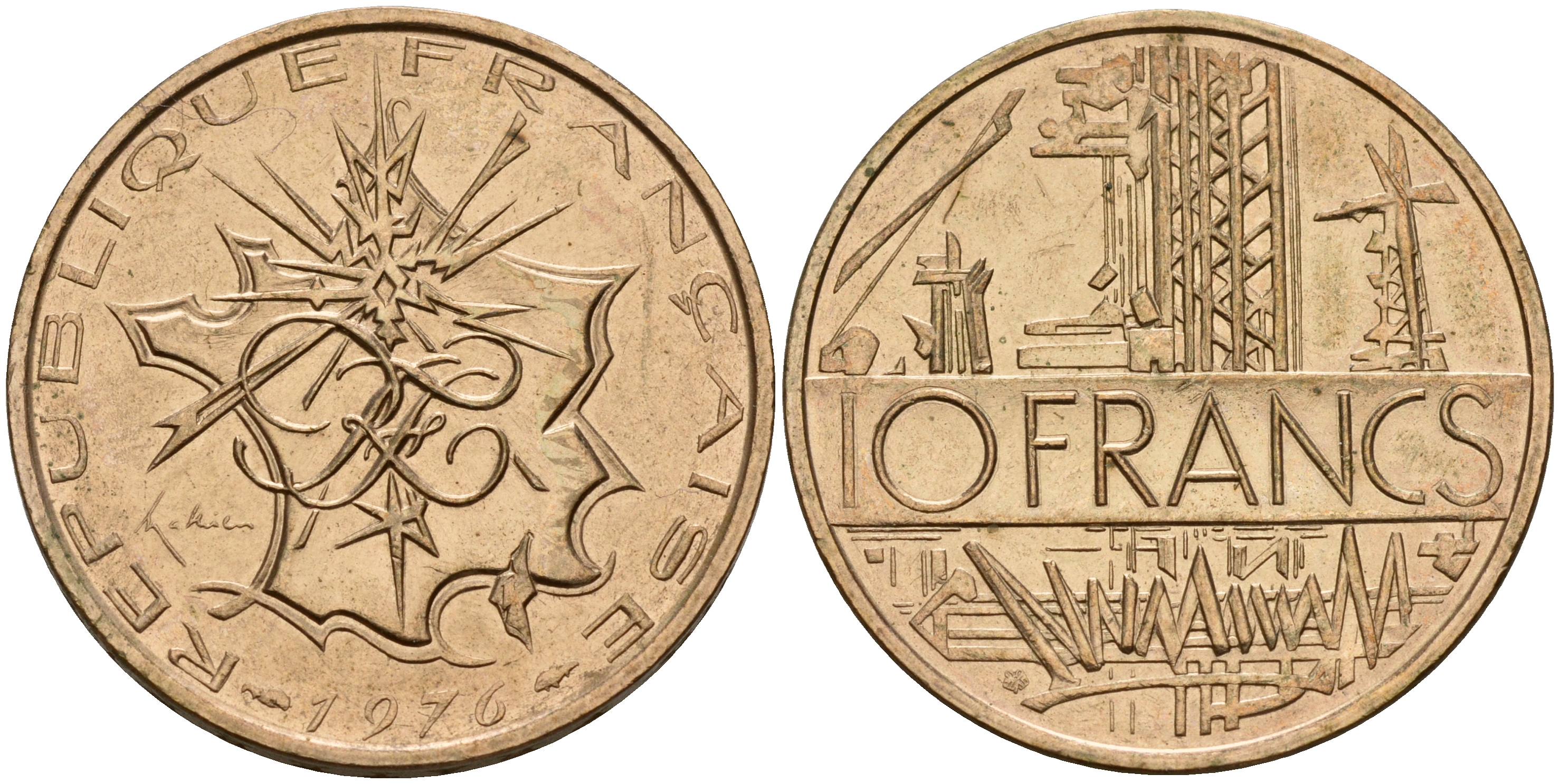 Франция 10 франков 1976 тип Матье KM 940, Le Franc 365.7-8 никель латунь  4601-923