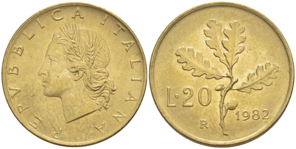 ИТАЛИЯ 20 ЛИР 1982 R, ДУБОВЫЕ ЛИСТЬЯ KM 97.2 алюминиевая бронза 4551-316