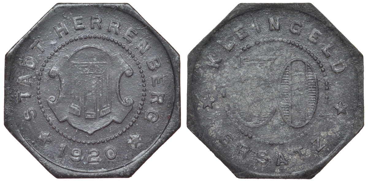 Германия, Херренберг 50 пфеннигов 1920 Баден-Вюртемберг, нотгельд Funck 209.5 цинк 4119-1232