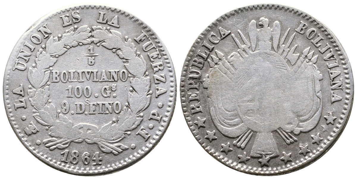 Боливия 1/5 боливиано 1864 FP KM 151.2 серебро 4178-1036