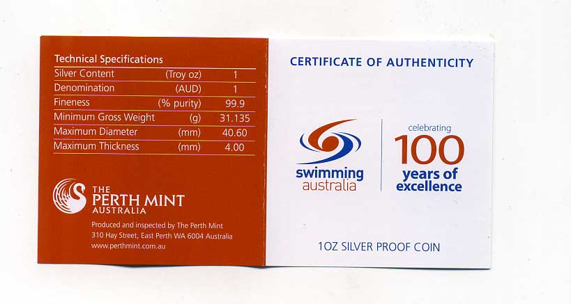 Австралия 1 доллар 2009 100 лет спортивному плаванию в Австралии, цветная эмаль, коробка, сертификат, PROOF серебро 8-1-05-06