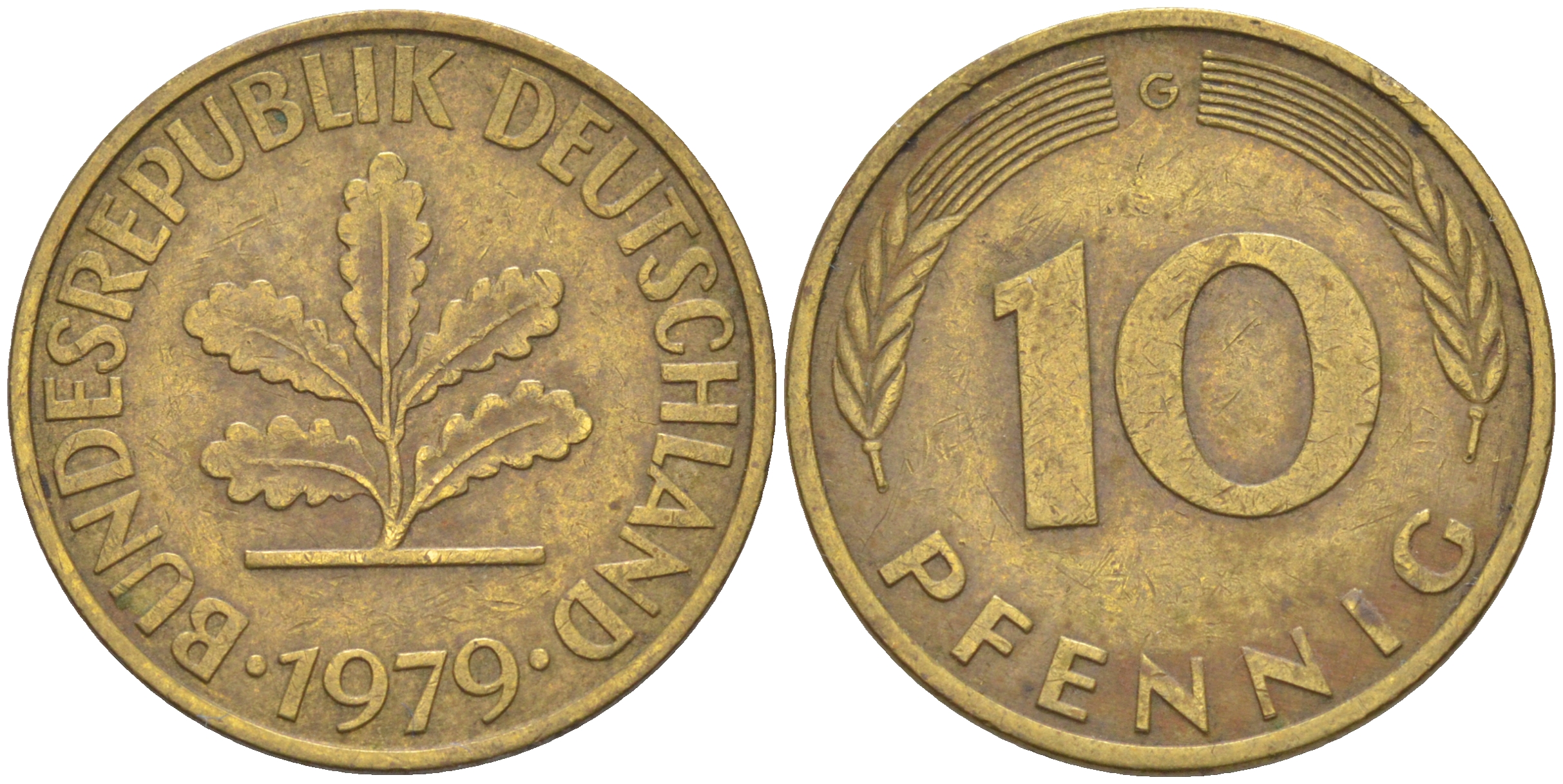 ФРГ 10 пфеннигов 1979 G KM 108, J. 383 сталь плакированная латунью 62-611