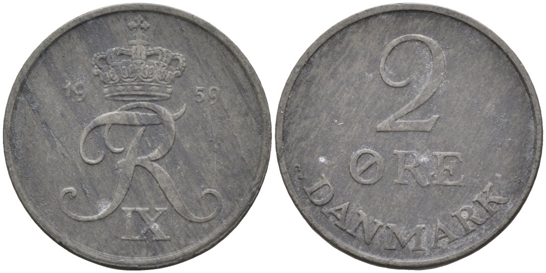 Дания 2 эре 1959 C;S, Фредерик IX (1947-1972) KM 840.2 цинк 190-946