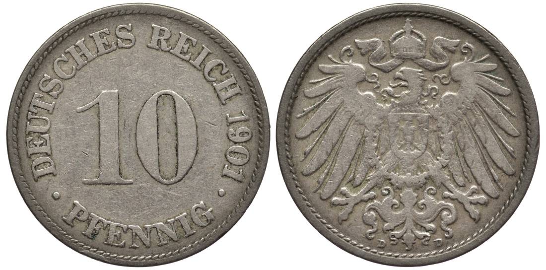 Германия 10 пфеннигов 1901 D KM 12, Jager 13, Weege 8 медно-никель 219-337
