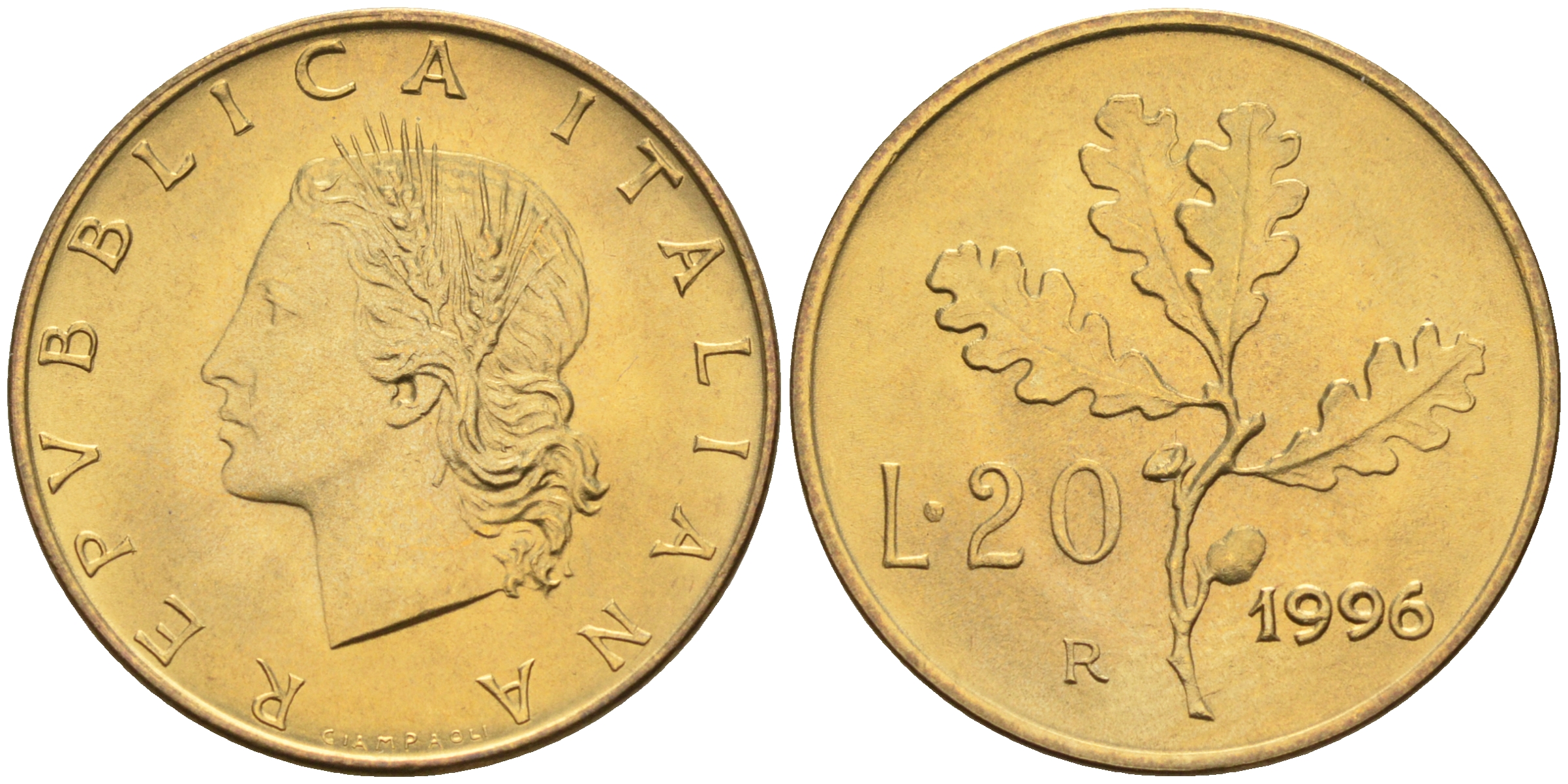 Италия 20 лир 1996 R, дубовый лист KM 97.2 алюминиевая бронза  UNC  4594-1049