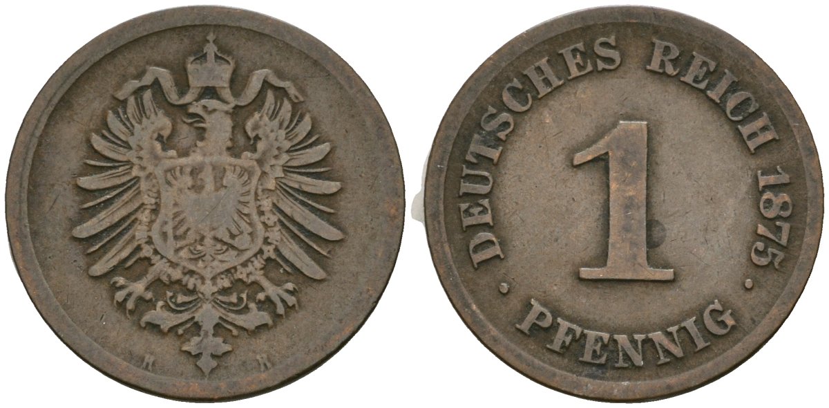 Германия 1 пфенниг 1875 H, Вильгельм I (1871-1888) KM 1, J. 1 медь 1524-513