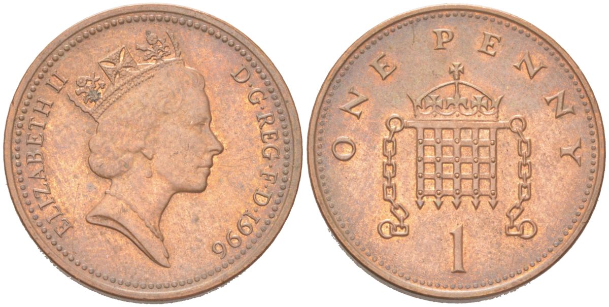 Великобритания 1 пенни 1996 Елизавета II (1952-2022) KM 935a, Spink B4 сталь плакированная медью 4614-813