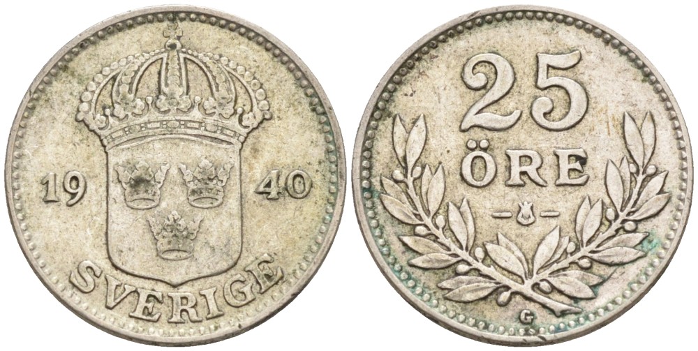 Швеция 25 эре 1940 G, Густав V (1907-1950) KM 785 серебро 220-124
