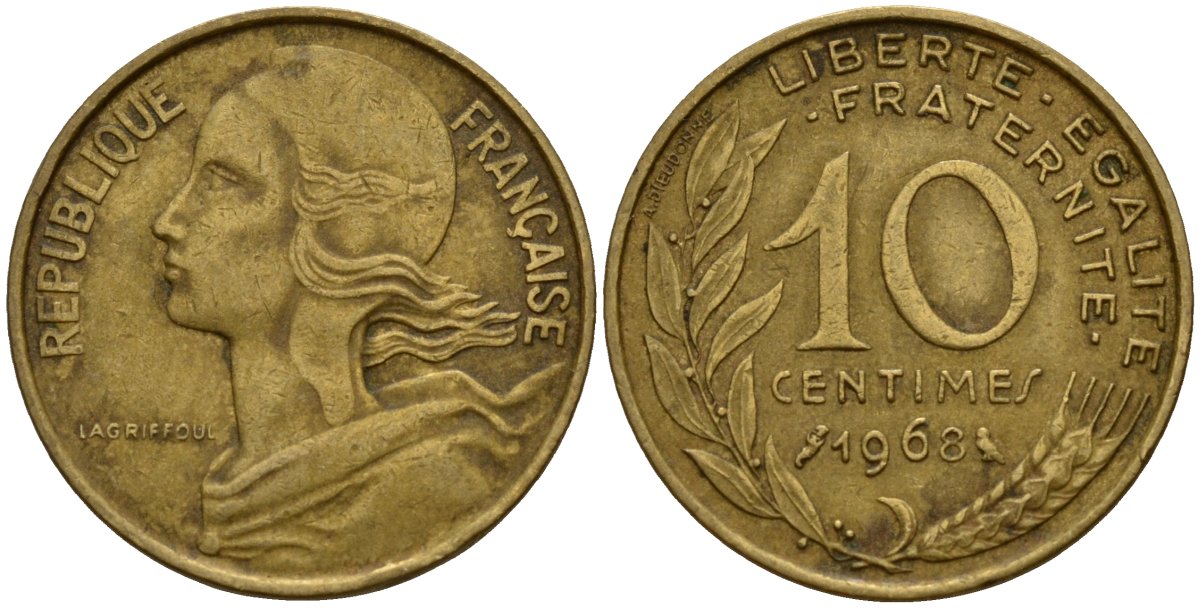 Франция 10 сантимов 1968 KM 929 алюминиевая бронза 4189-924