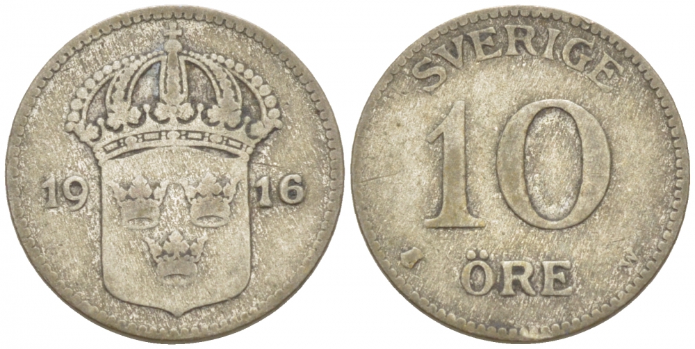 Швеция 10 эре 1916 W, Густав V (1907-1950) KM 780 серебро 3309-837