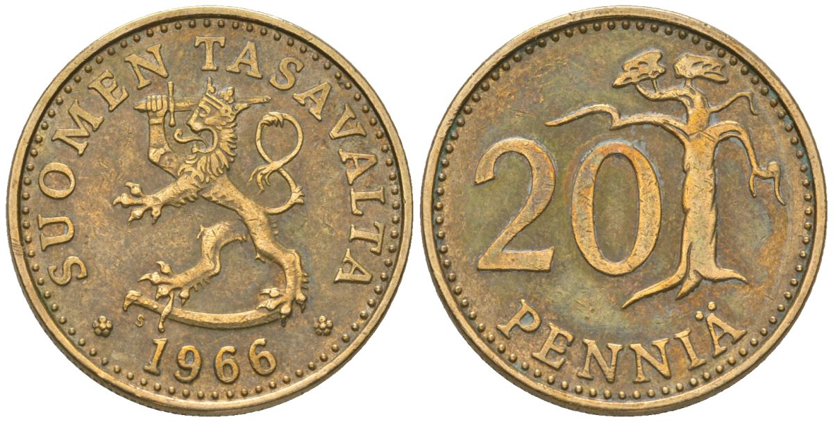 Финляндия 20 пенни 1966 S KM 47 алюминиевая бронза 4589-932