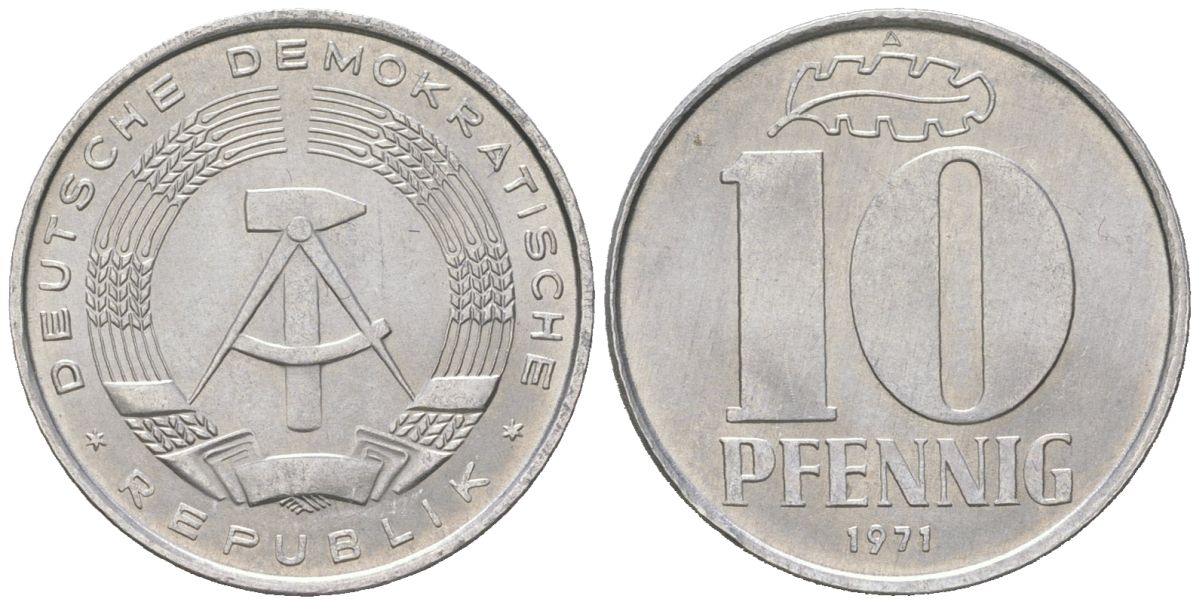 ГДР 10 пфеннигов 1971 A KM 10 алюминий aUNC 201-1014