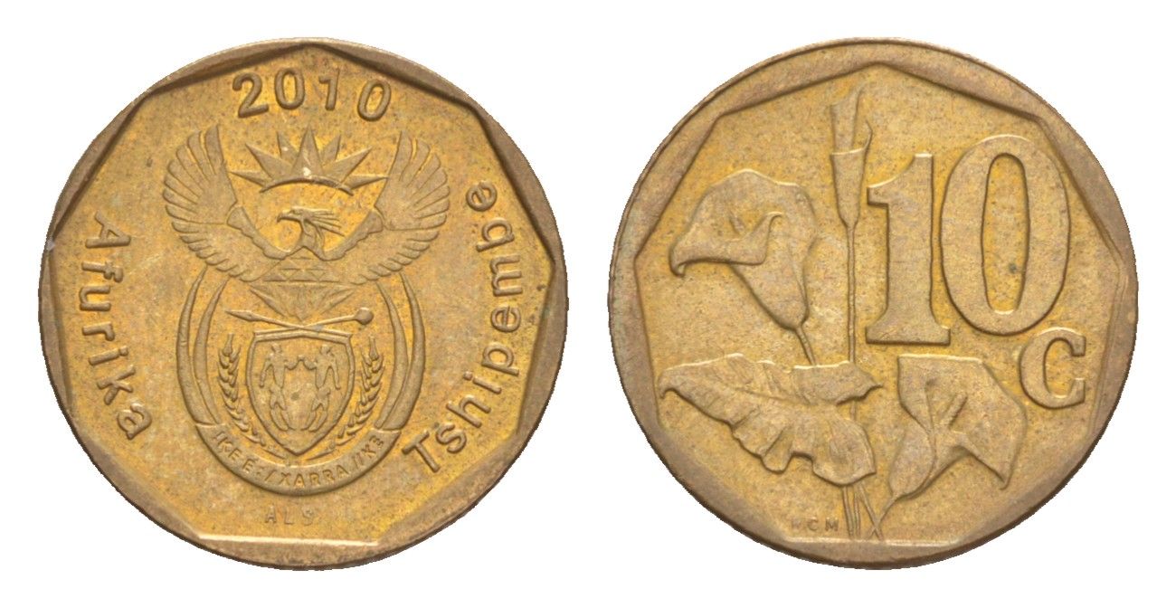 ЮАР 10 центов 2010 герб, цветок алоэ KM 494 сталь плакированная бронзой 4621-1261