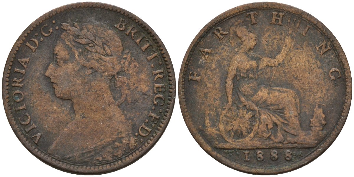 Великобритания 1 фартинг 1888 Виктория (1837-1901) KM 753, Spink 3958 бронза 4596-933