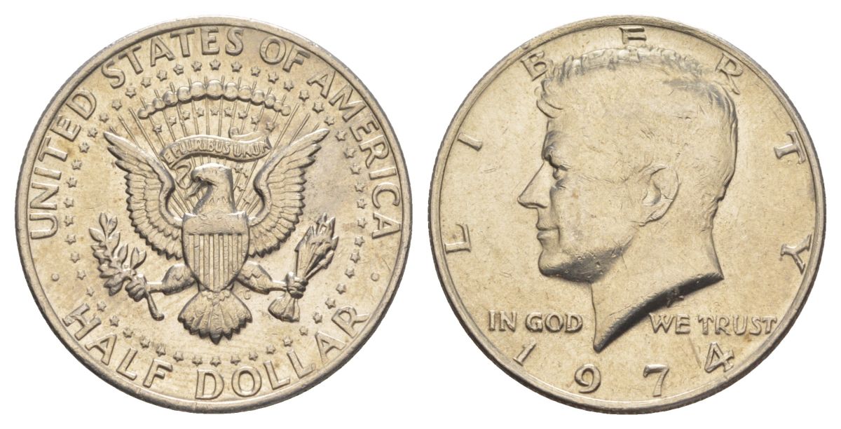 США 1/2 доллара (50 центов) 1974 Джон Кеннеди KM 202b медь плакированная медно-никелем aUNC 4536-415