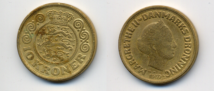 ДАНИЯ 10 КРОН 1989 NR; JP; A, МАРГРЕТЕ II (1972-) KM 867.1 алюминевая бронза 4383-139