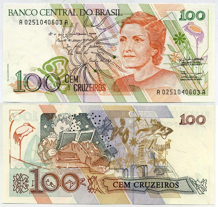 БРАЗИЛИЯ 100 КРУЗЕЙРО 1990 Pick 228 бумага UNC (ПРЕСС) 7204-26-1