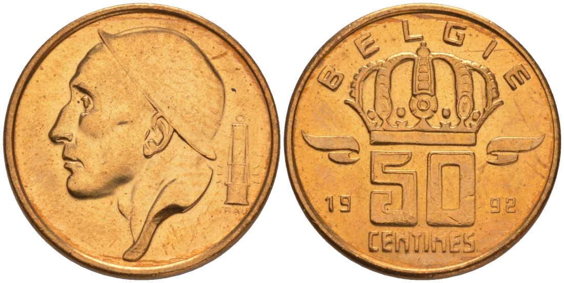 Бельгия 50 сантимов 1992 BELGIE, Бодуэн I (1951-1993), из ролла KM 149.1 бронза UNC M39-21