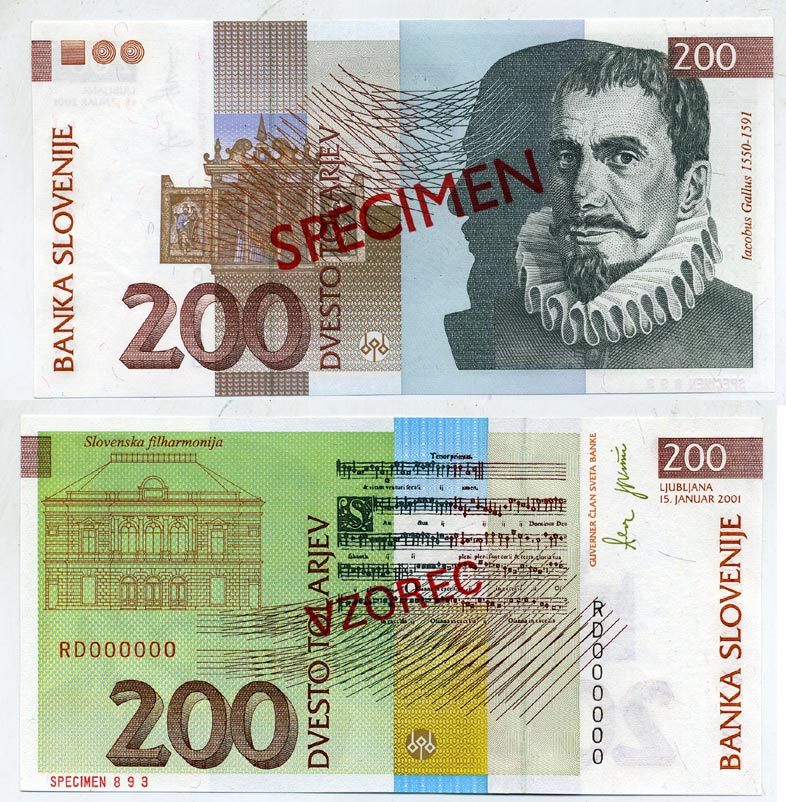 Словения 200 толаров 2001 Якоб Галлус, словенская филармония, Любляна, SPECIMEN, пробник Pick 15 s бумага UNC (пресс) 451-368-3