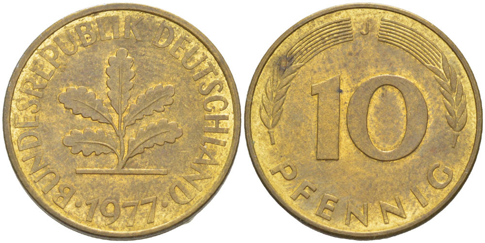 ФРГ 10 ПФЕННИГОВ 1977 J KM 108, J. 383 сталь плакированная латунью 4182-854