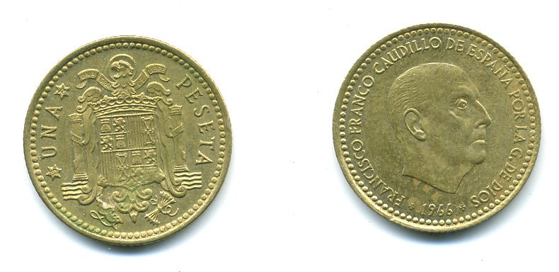 ИСПАНИЯ 1 ПЕСЕТА 1966 (72) ФРАНСИСКО ФРАНКО ДИКТАТОР ИСПАНИИ (1939-1975) КМ 796 алюминиевая бронза 54-326