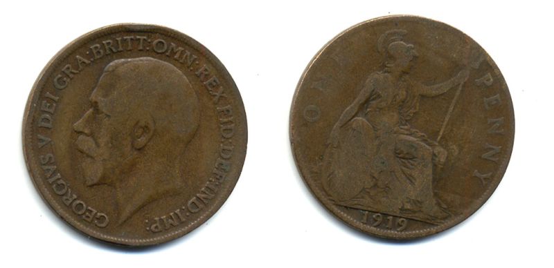 Великобритания 1 пенни 1919 Георг V (1910-1936) KM 810, Spink 4051 бронза 47-212