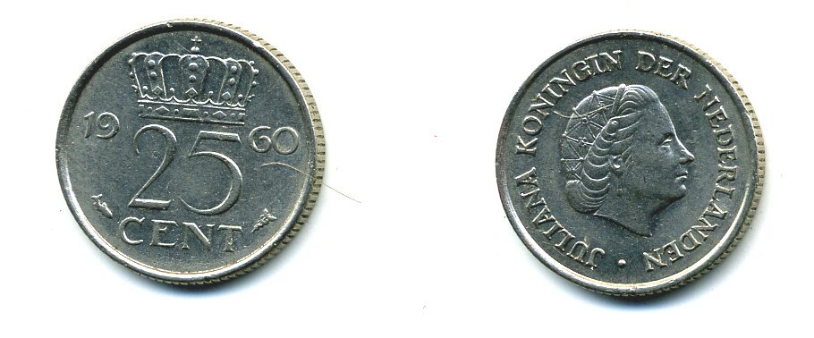 НИДЕРЛАНДЫ 25 ЦЕНТОВ 1960 ЮЛИАНА KM 183 никель 76-367
