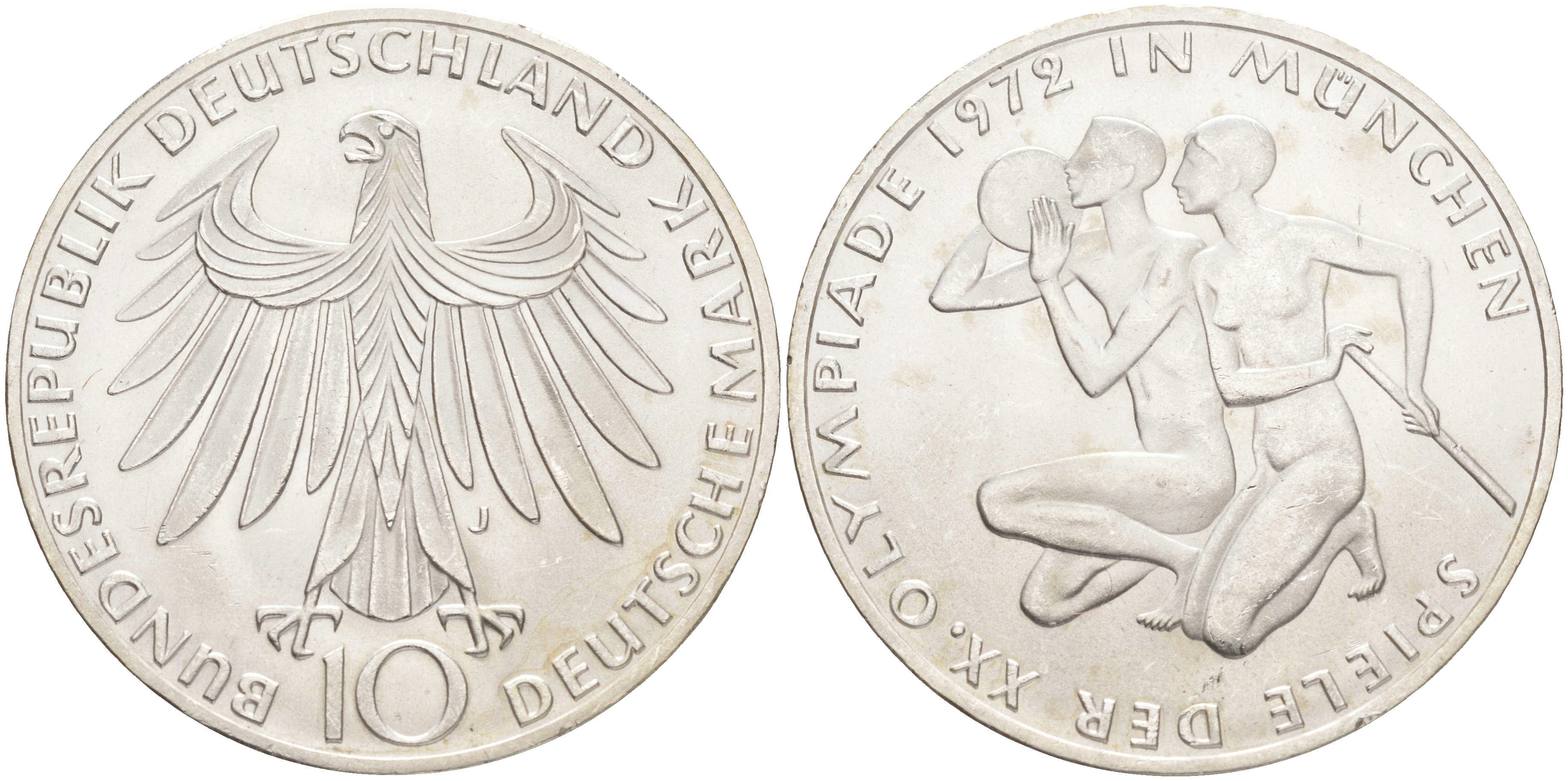 ФРГ 10 марок 1972 J, XX летние Олимпийские Игры, Мюнхен 1972, спортсмены KM 132, J. 403 серебро UNC 107-1223