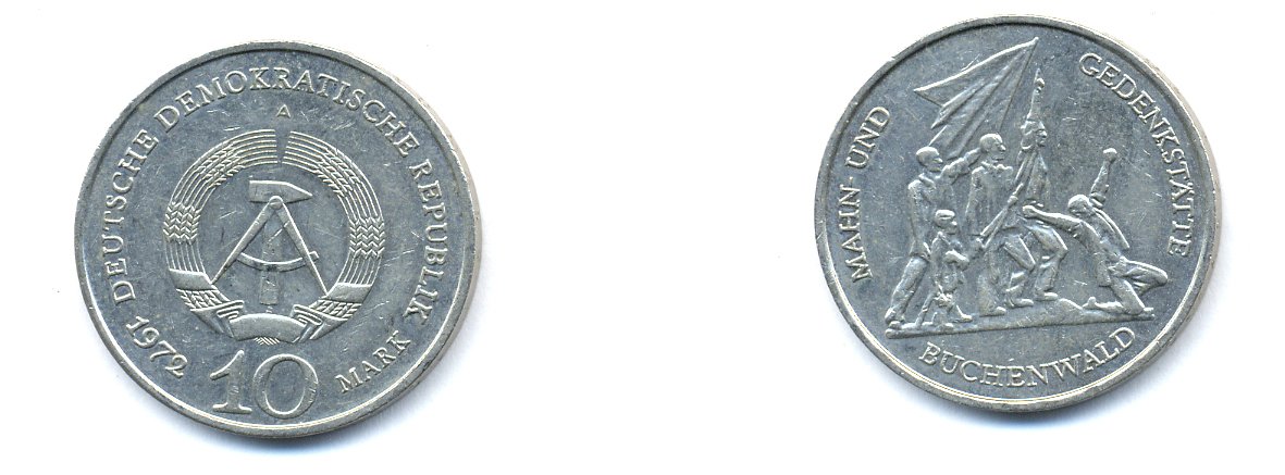 ГДР 10 марок 1972 A, мемориал Бухенвальда KM 38, J. 1539 медно-никель 3333-315