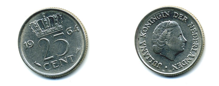 НИДЕРЛАНДЫ 25 ЦЕНТОВ 1964 ЮЛИАНА KM 183 никель 76-511