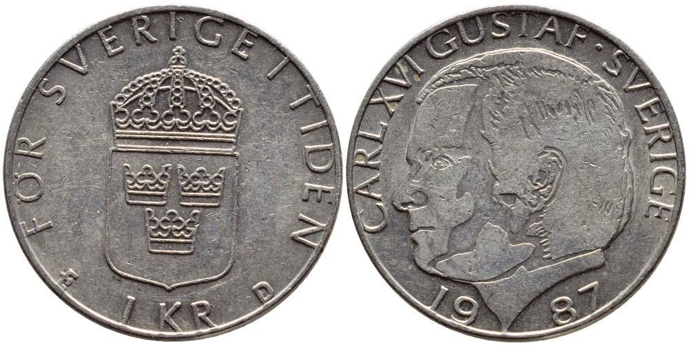 Швеция 1 крона 1987 Карл XVI Густав (1973- ) KM 852a медно-никель 4397-1214