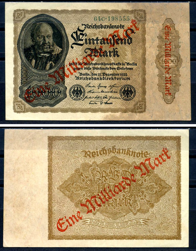 Германия 1000000000 марок 1923 красная диагональная, двухсторонняя надпечатка на 1000 марок 1922, бумага белая, водяной знак 1001 Pick 113 a (2) бумага 8589-47-1-1