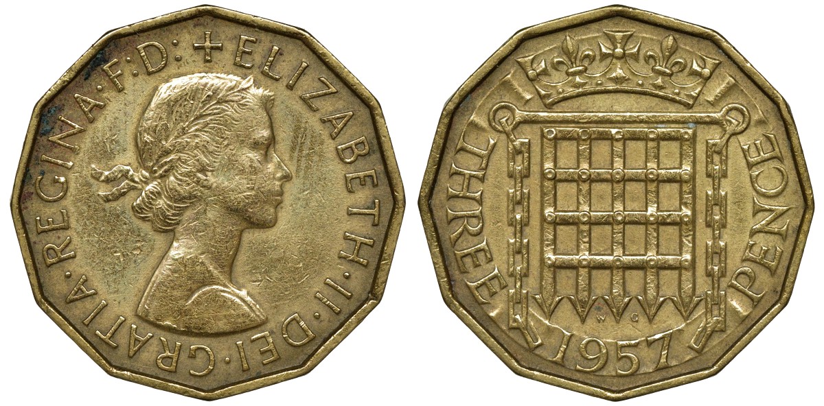 Великобритания 3 пенса 1957 Елизавета II (1952-2022) KM 900, Spink 4153 никель латунь 72-1757